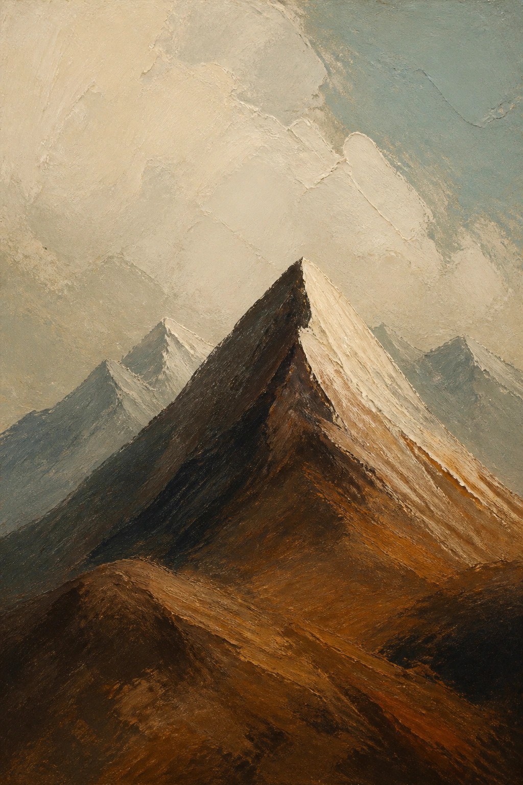Rugged mountain peaks with dark slopes and snow-capped summit in textured painting