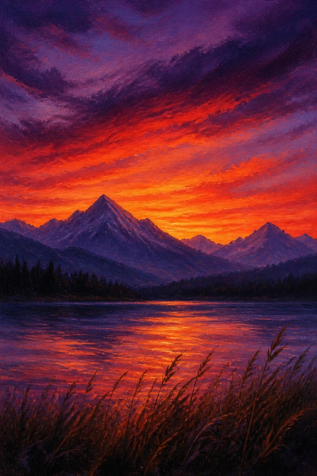Vivid oil painting of fiery red-orange sunset over jagged mountains with lake reflection