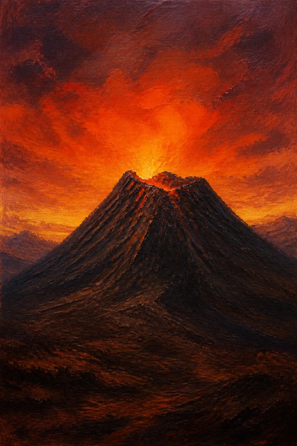 Erupting volcano with glowing lava under a dramatic red-orange sky.