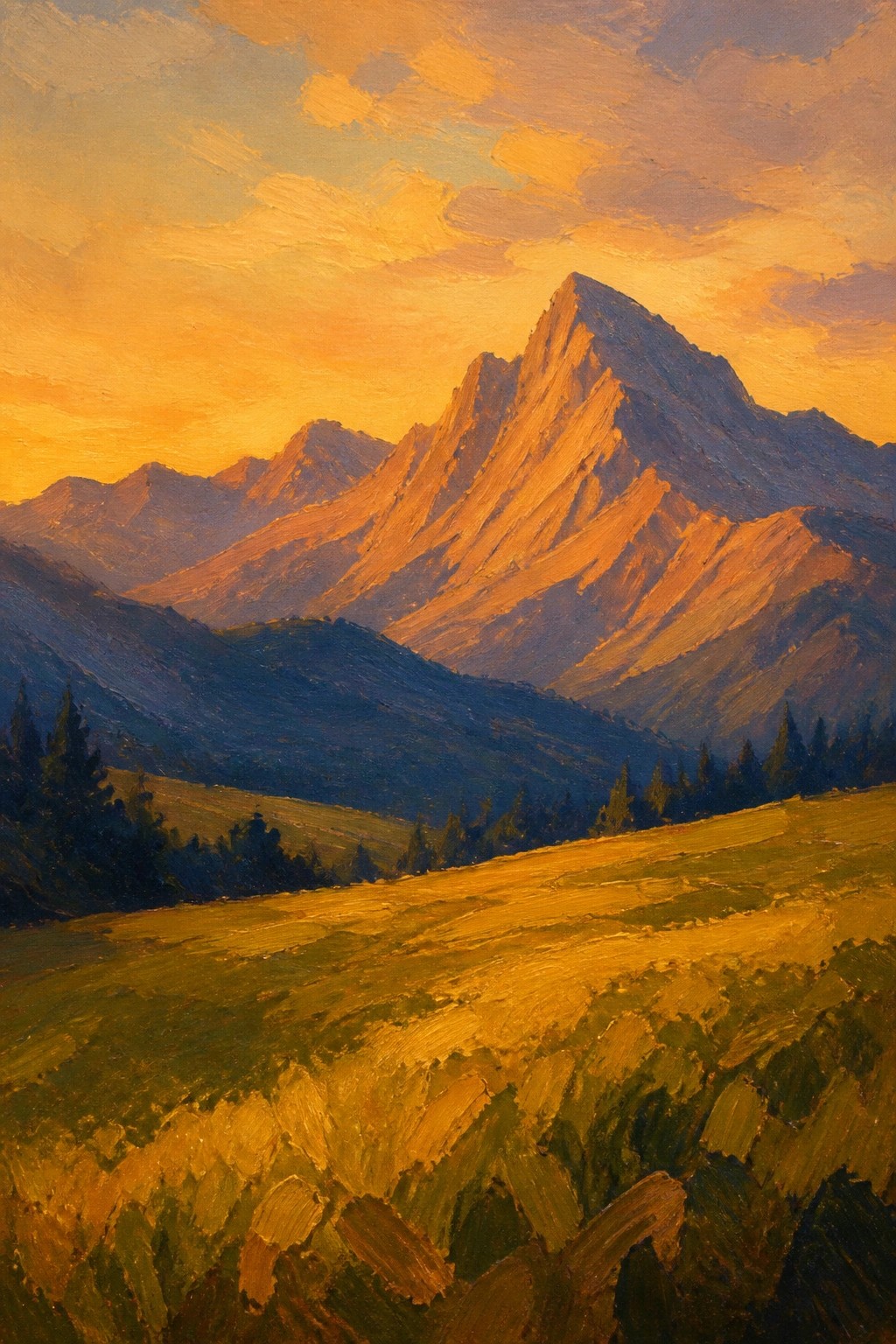 Rugged mountain peak glowing in golden sunset light above grassy meadow