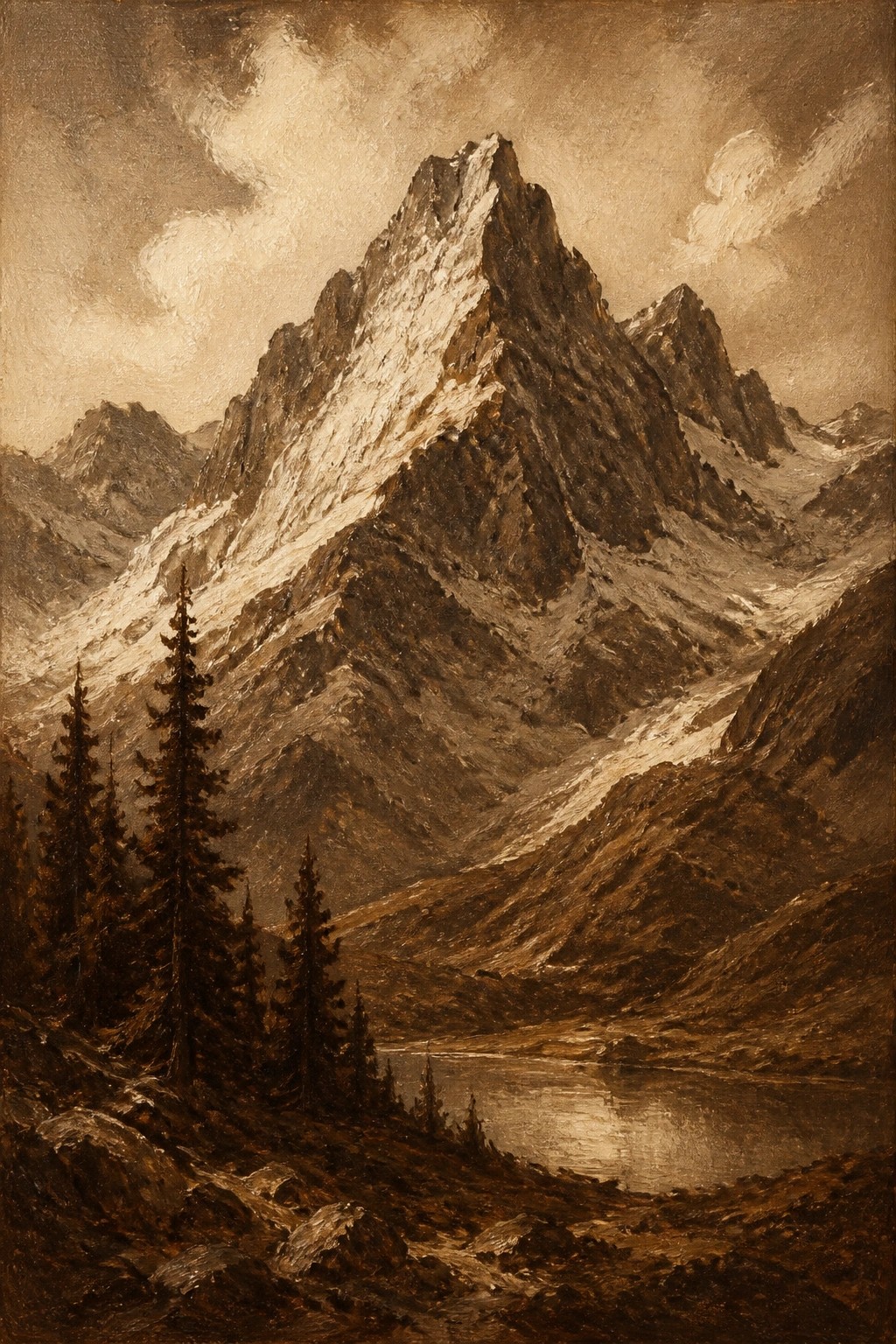 Jagged snow-capped peak towers over reflective alpine lake with dark pine trees