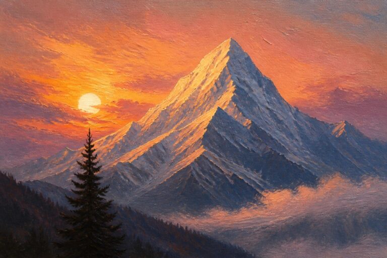 Dramatic oil painting of snow-capped mountain peak under vibrant orange sunset sky with pine trees.