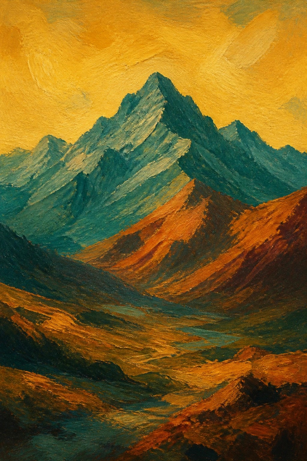 Expressive painting of rugged teal mountains under golden sky with orange valley river.