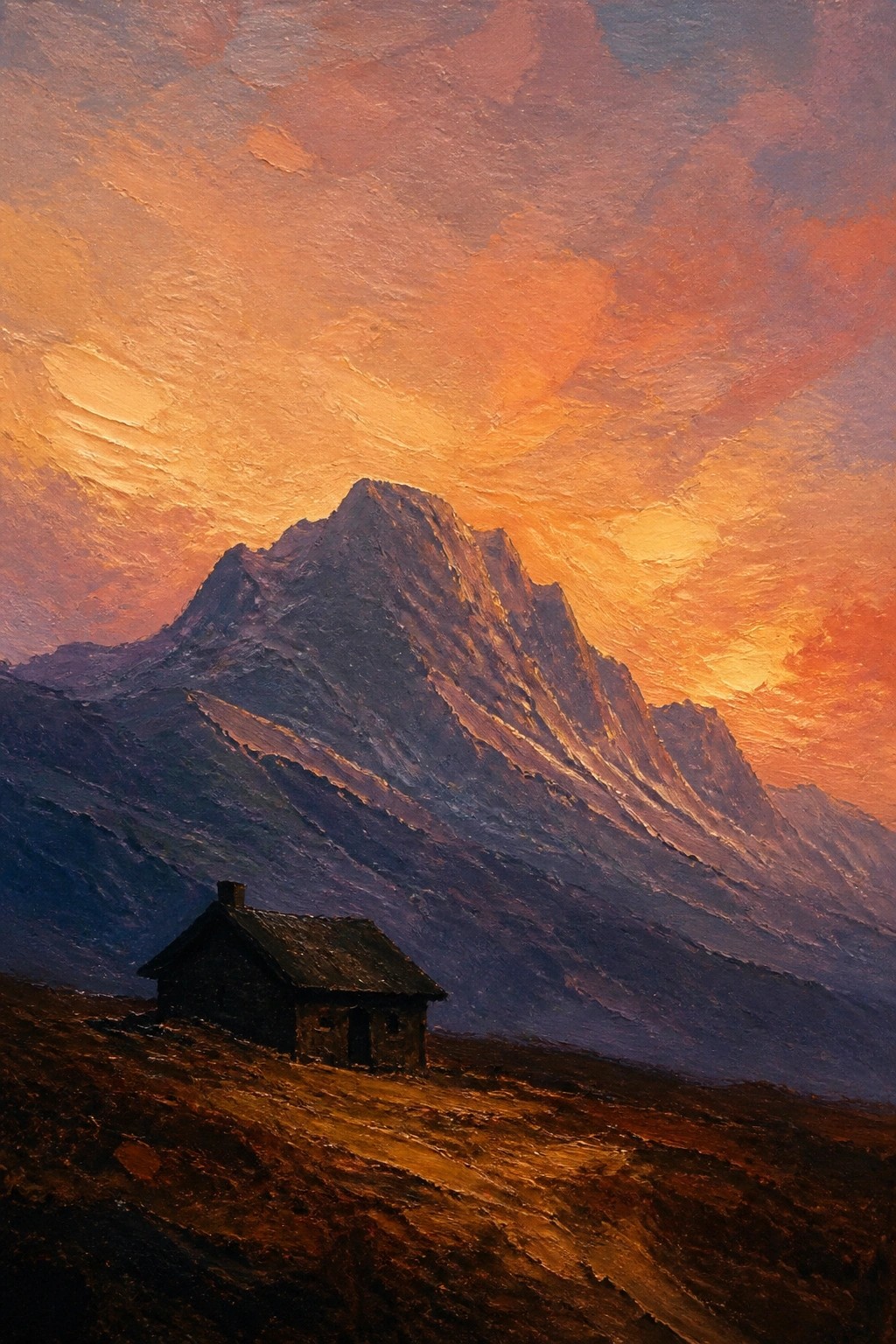 Small cabin before rugged mountain under dramatic orange-purple sunset sky in oil painting.