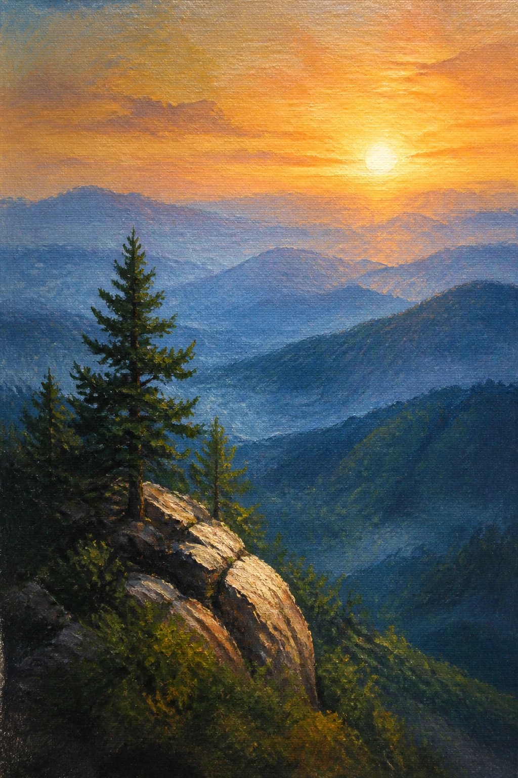 An oil painting of a pine tree on a rocky outcrop with layered blue mountains and a bright sun at sunset.