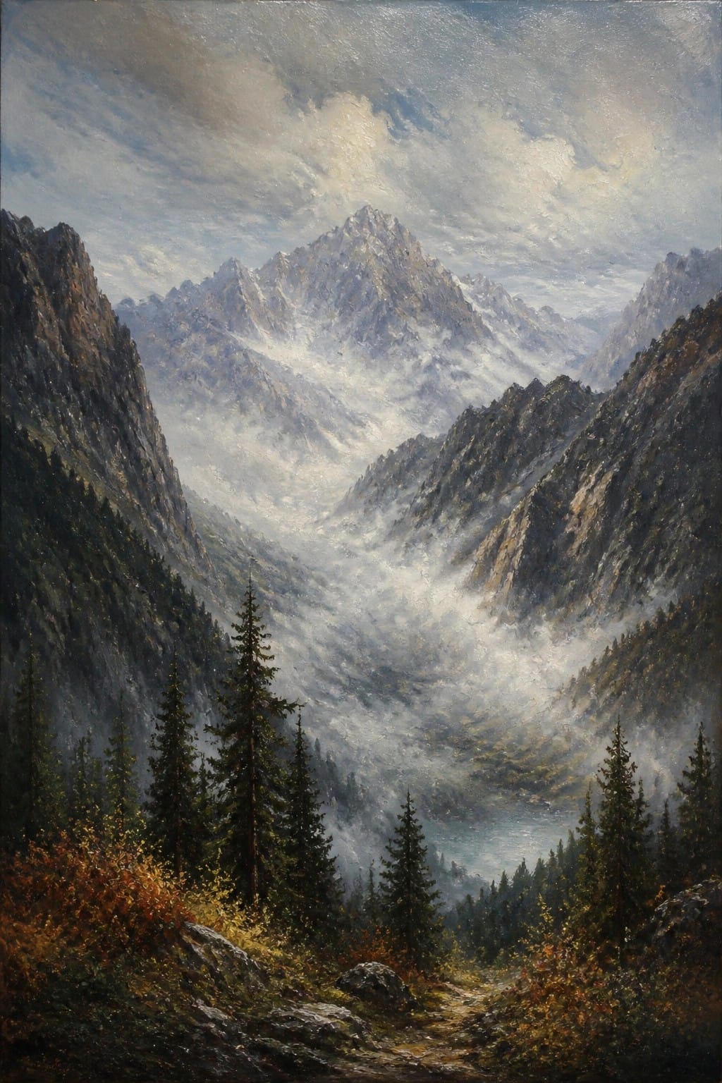 A realistic oil painting of jagged mountain peaks rising above a valley filled with white mist, dark pine trees along the slopes, and a rocky trail with autumn foliage in the foreground.