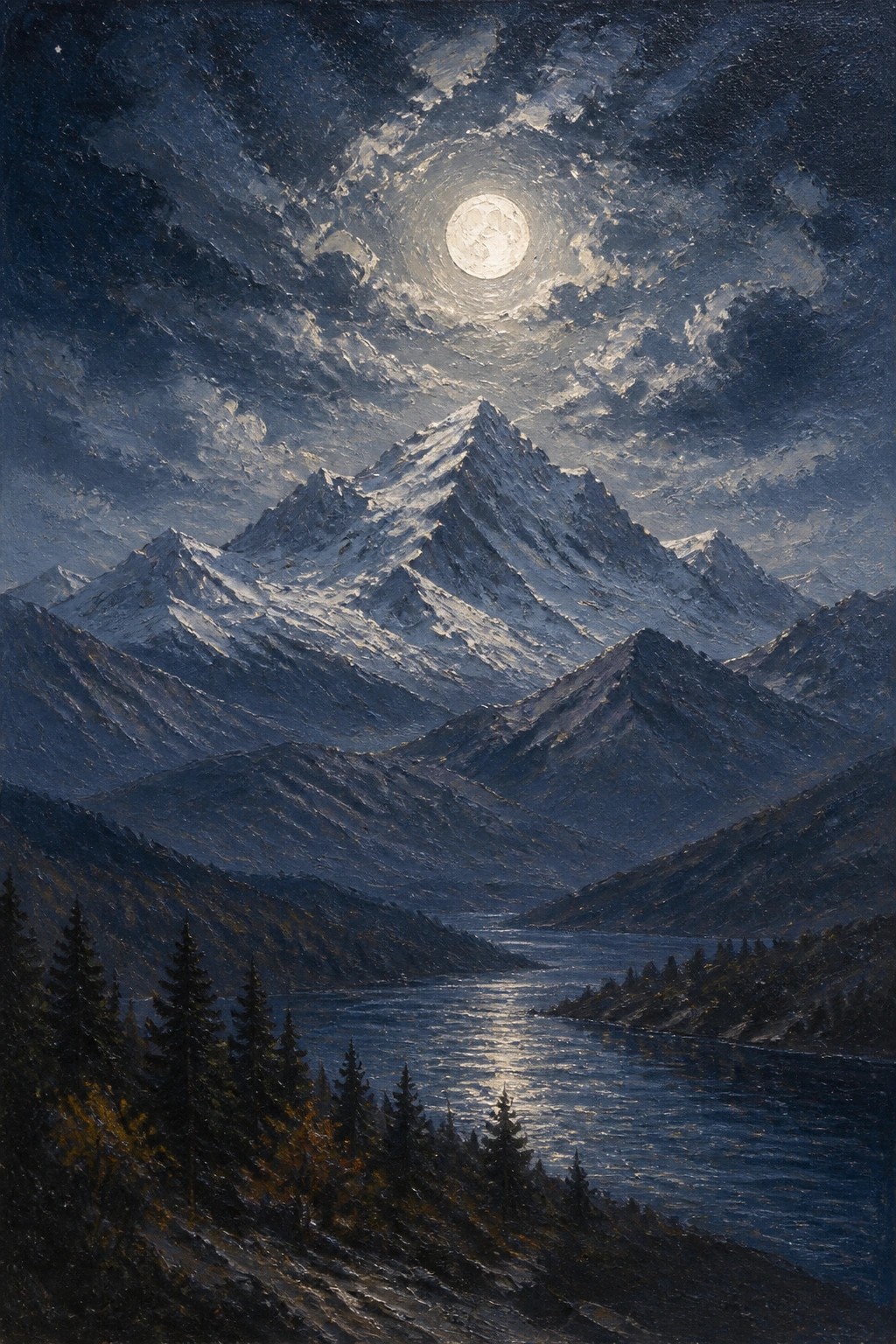 Full moon over snow-capped mountains, moonlit lake, and pine forests at night