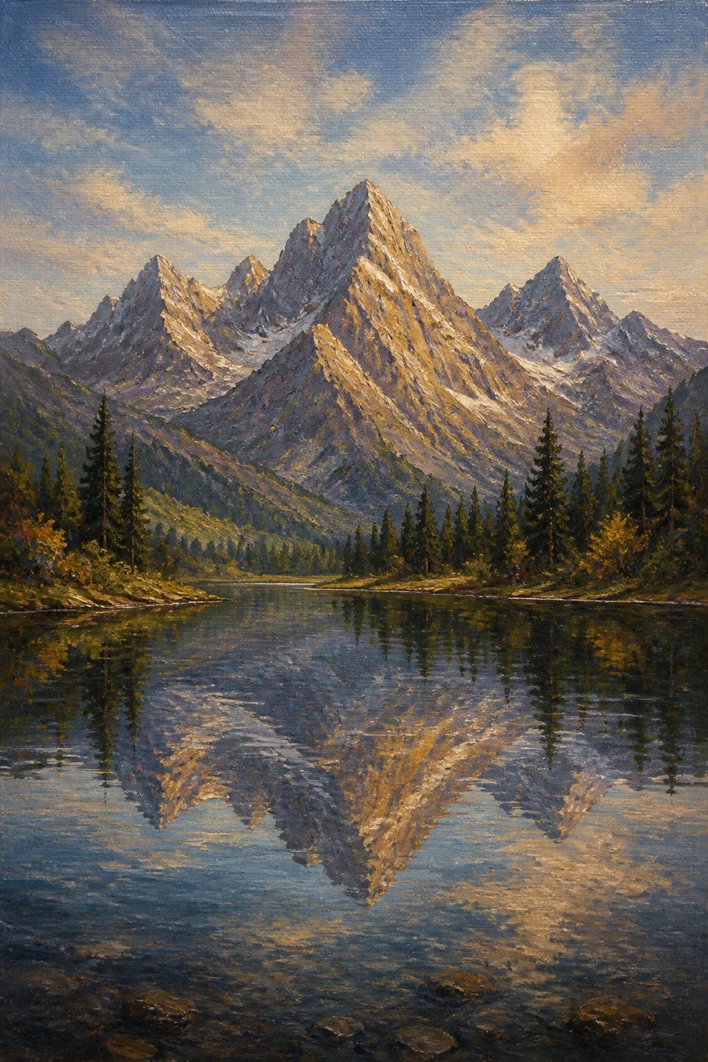 Sunlit jagged peaks reflected in a calm lake ringed by pines