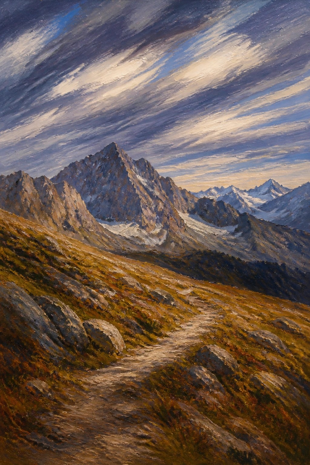 Rugged mountain peaks with snow under dramatic streaked clouds and rocky trail