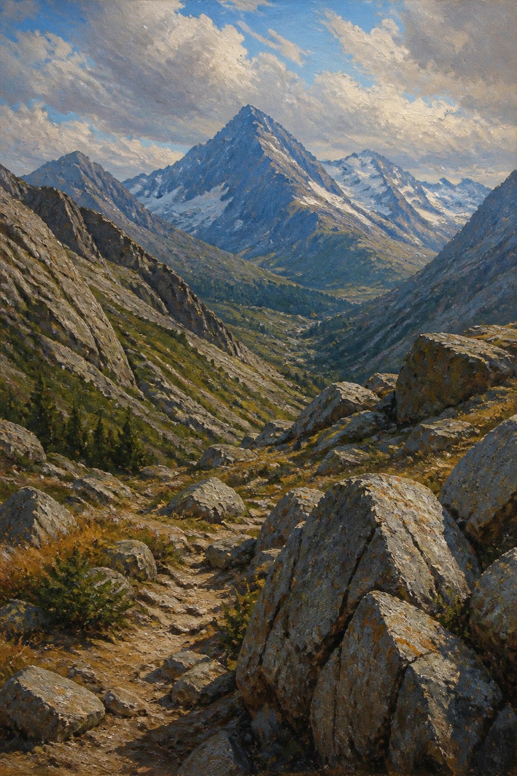 Rugged rocky trail winds through boulders toward snow-capped peaks under blue skies.