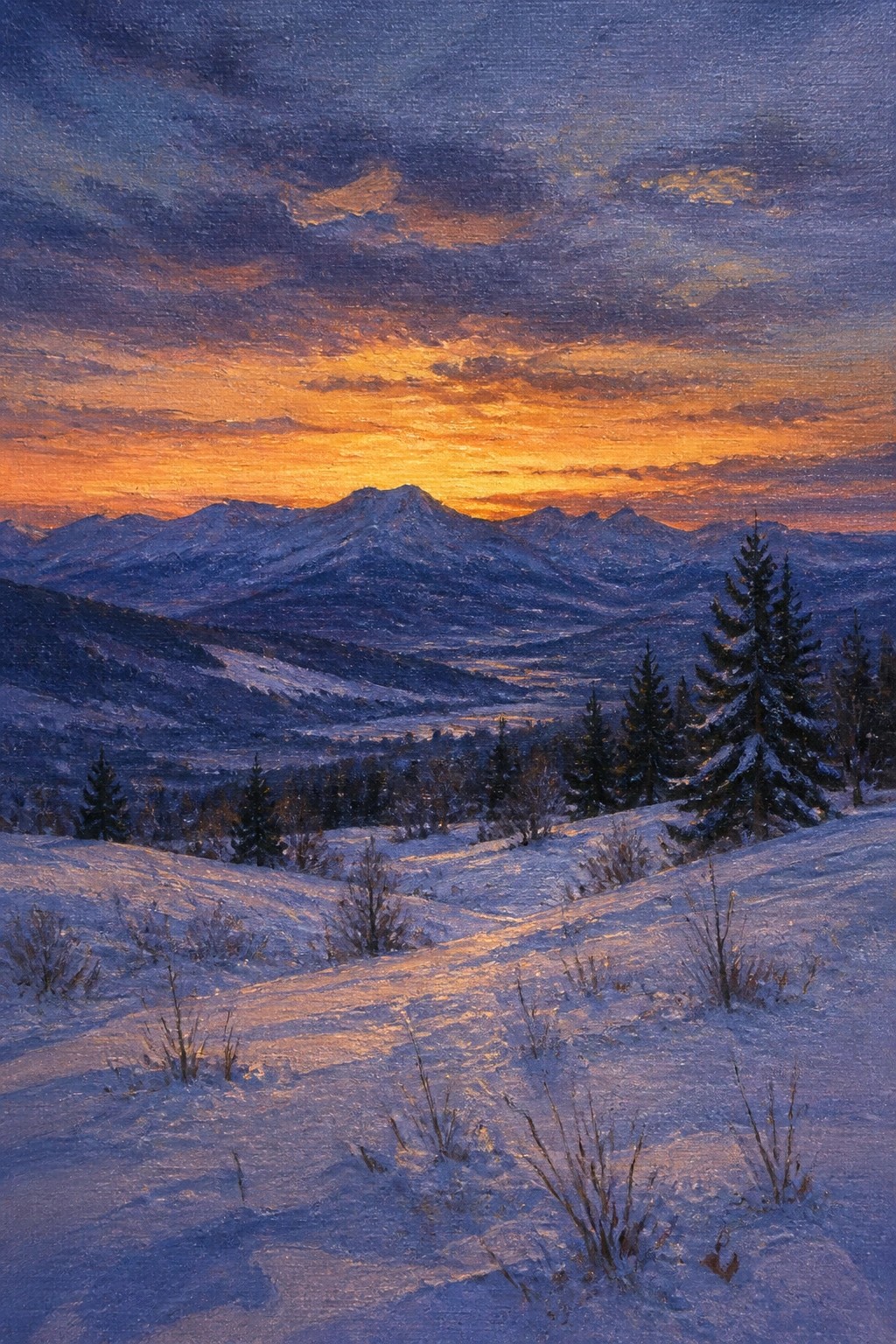 An oil painting of a snowy mountain range at sunset with glowing orange and purple skies, distant peaks, and a few pine trees on the right foreground slope.