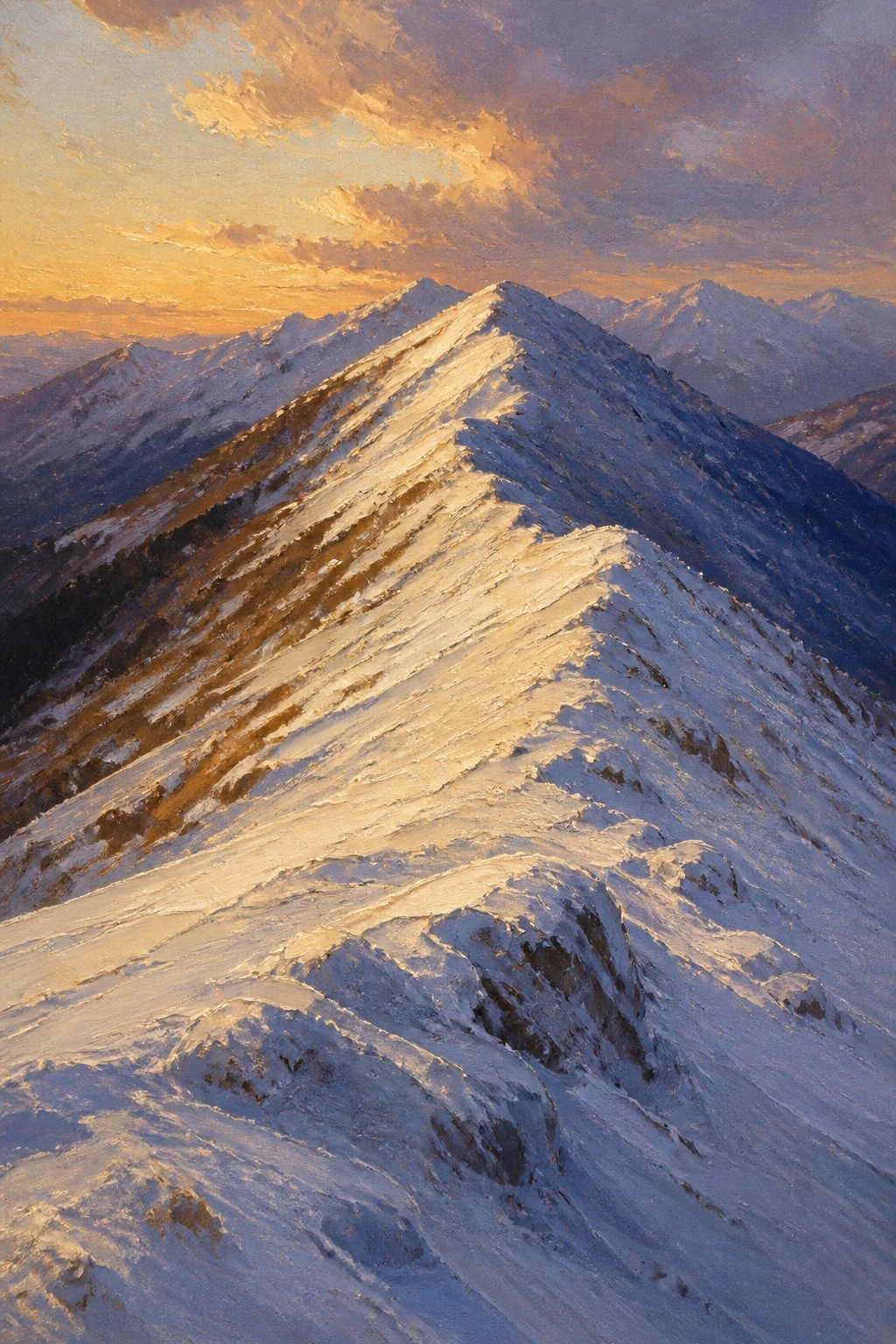 Sunlit snow ridge on rugged mountain peak under vivid sunset sky