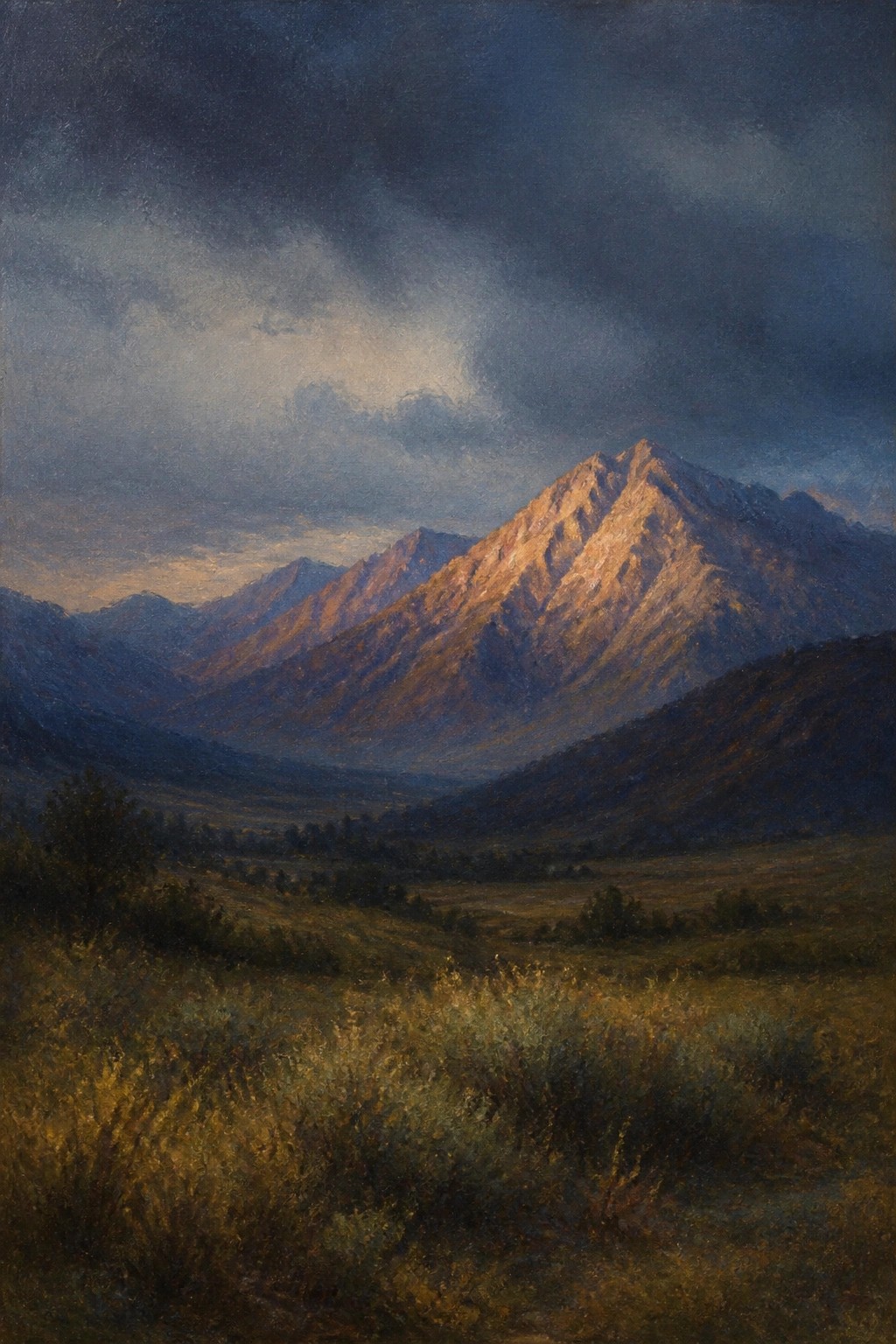 Dramatic sunlit mountain peaks glowing beneath stormy clouds over a grassy valley.