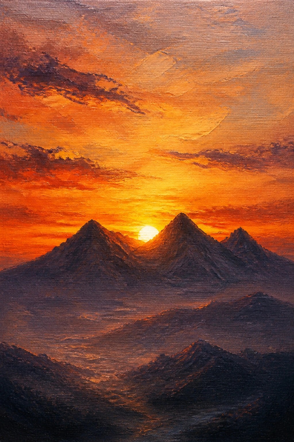 Vivid oil painting of sunset glowing between rugged mountain peaks under orange clouds.