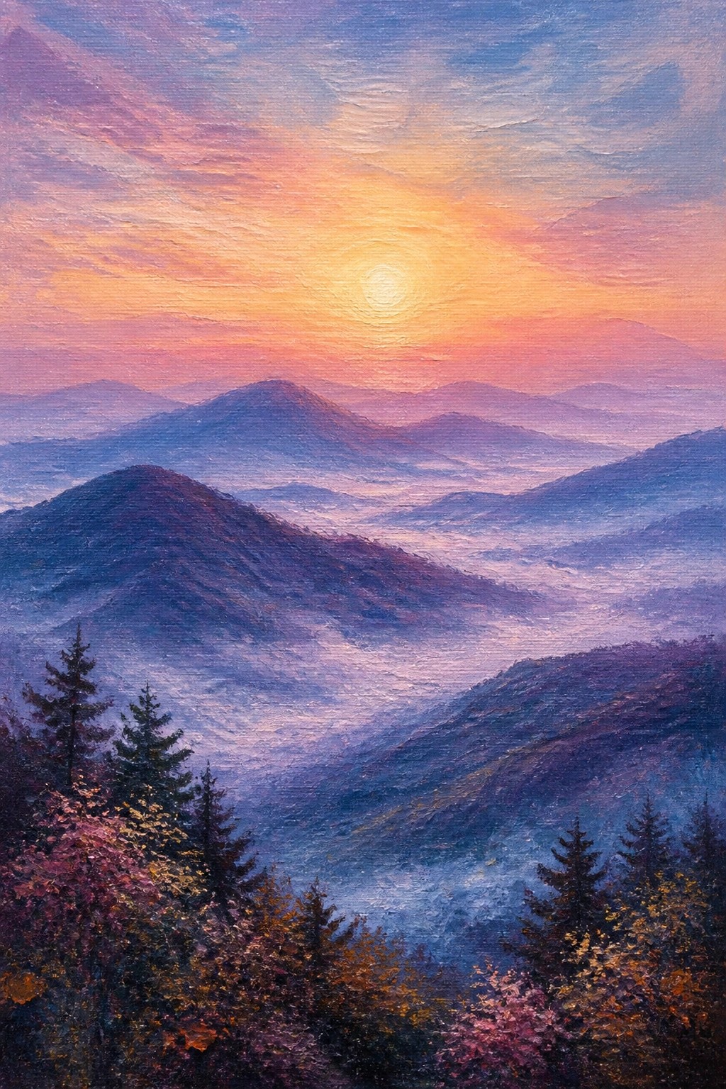 Sunrise glowing over misty purple mountains with colorful autumn trees foreground