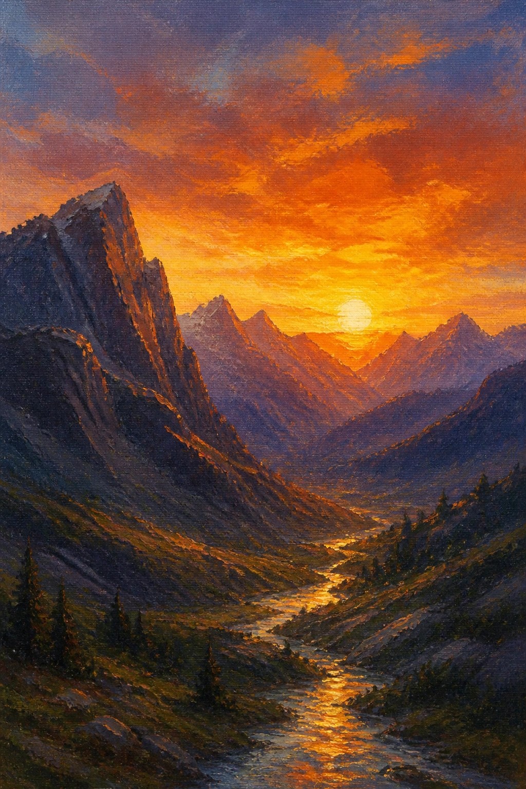 An oil painting of a mountain valley at sunset with a river reflecting orange light between dark peaks under a vivid sky.