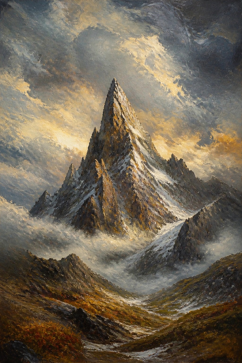 Dramatic oil painting of jagged snow-capped mountain peak under golden stormy clouds