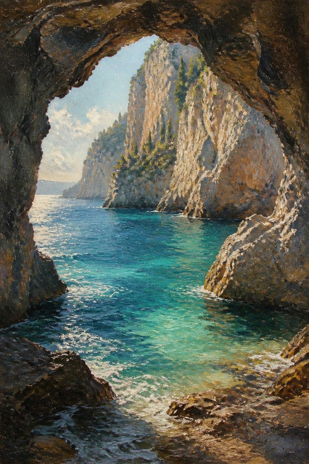 A realistic oil painting showing turquoise water and rocky cliffs viewed from inside a dark cave opening.