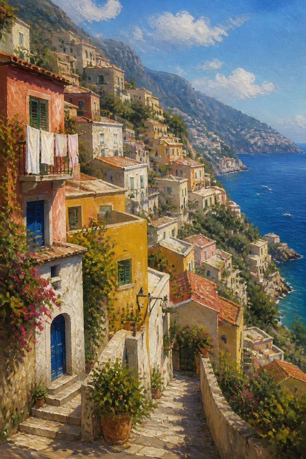 An oil painting of a colorful hillside village with stone paths, flowers, and a view of the blue sea under a clear sky.