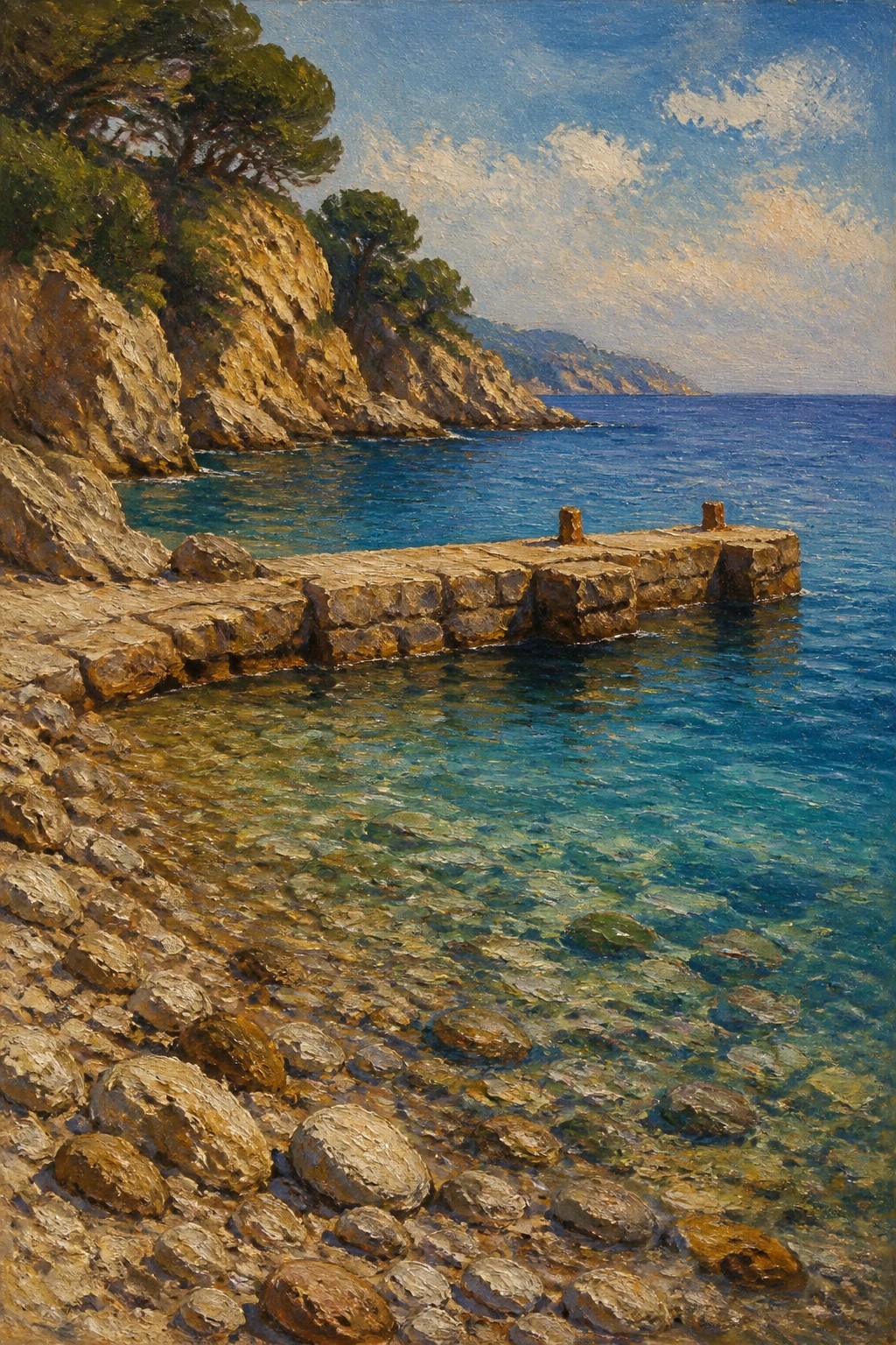 Stone pier in turquoise sea by rocky cliffs with trees and pebble shore.