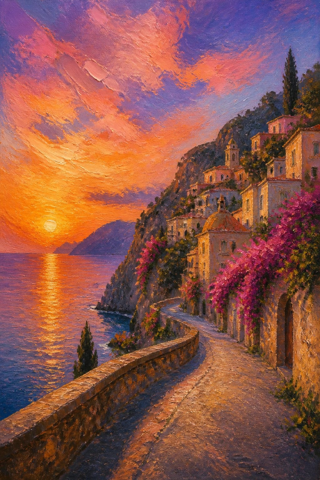 Sunset over cliffside village with winding path, stone buildings, and pink flowers.