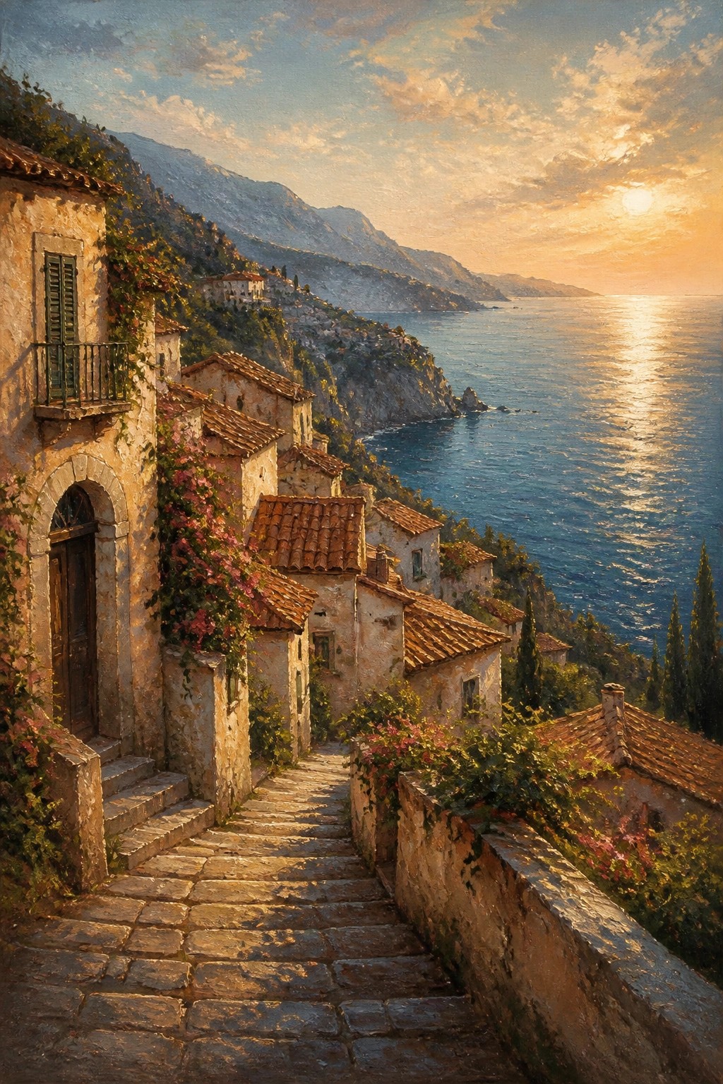 An oil painting of a stone pathway winding through old buildings with terracotta roofs down a hillside overlooking a calm sea at sunset with mountains in the background.