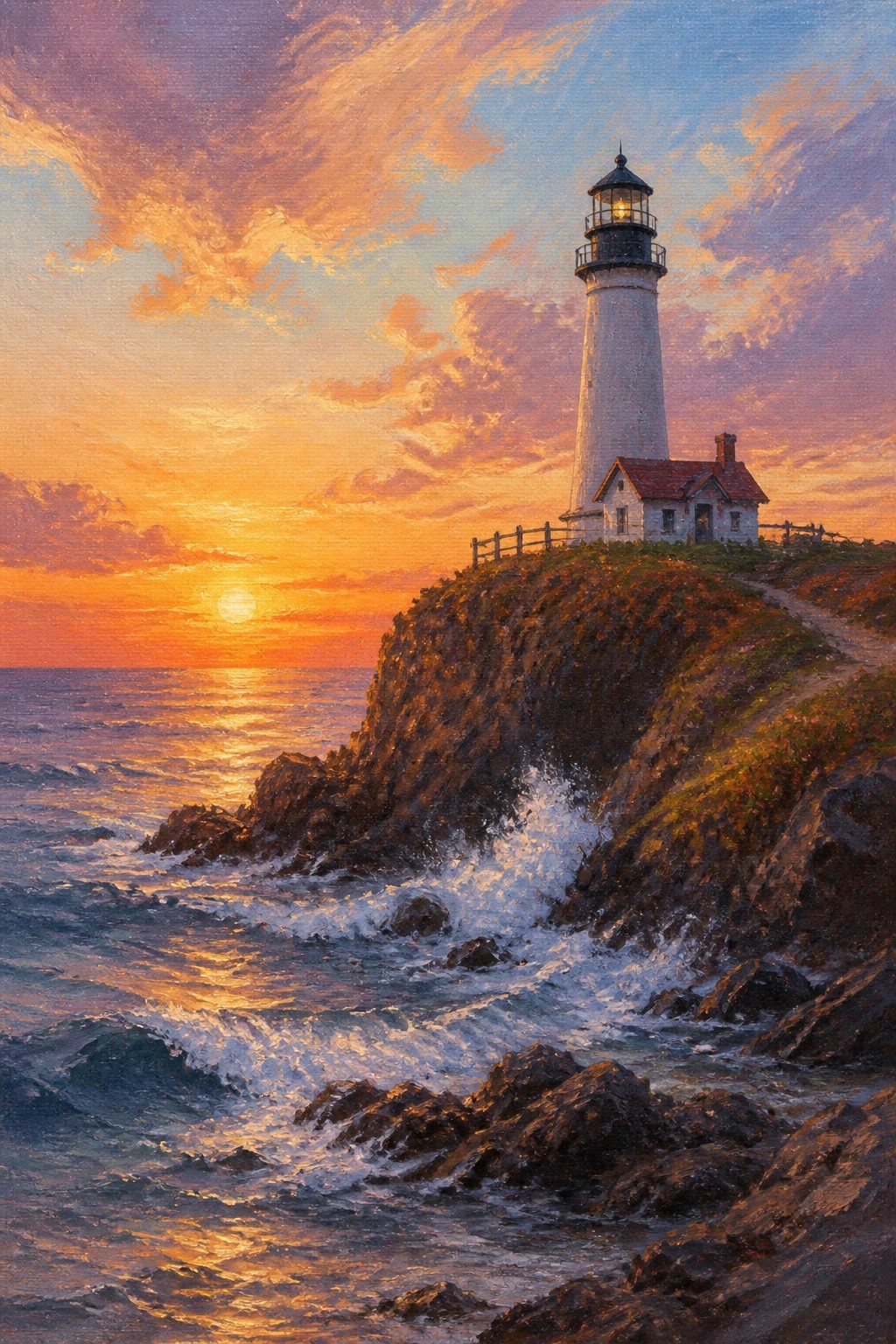 Lighthouse atop rocky cliff with crashing waves under vibrant sunset sky