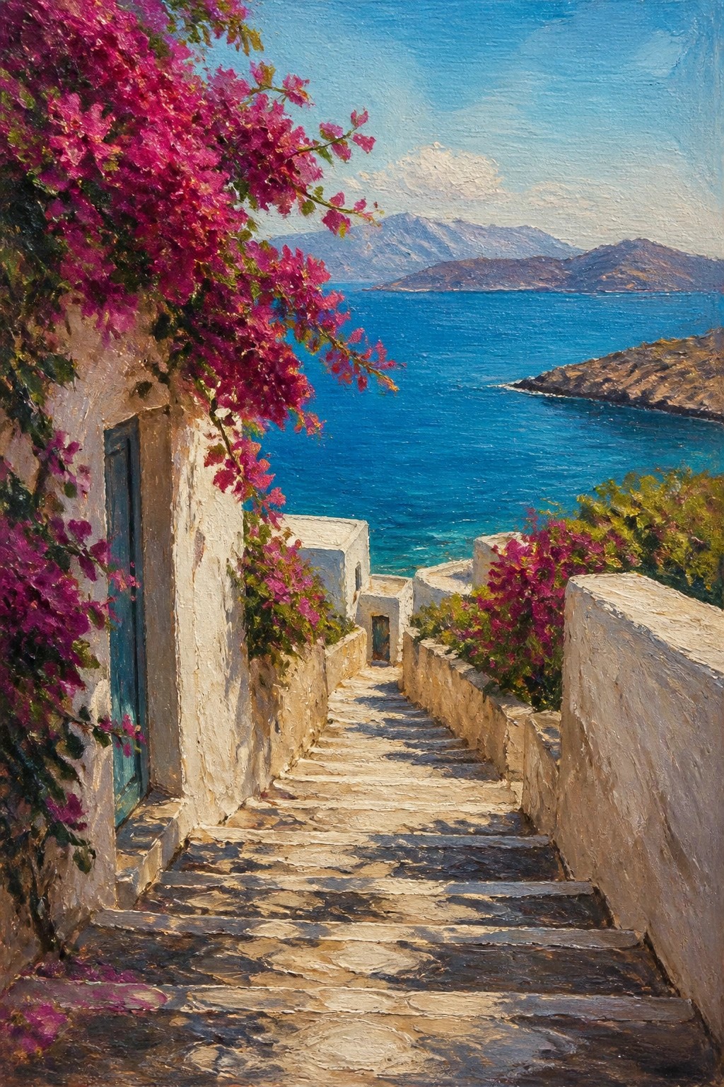 An oil painting of a stone staircase descending past white buildings and pink flowers toward a blue sea with mountains in the distance.