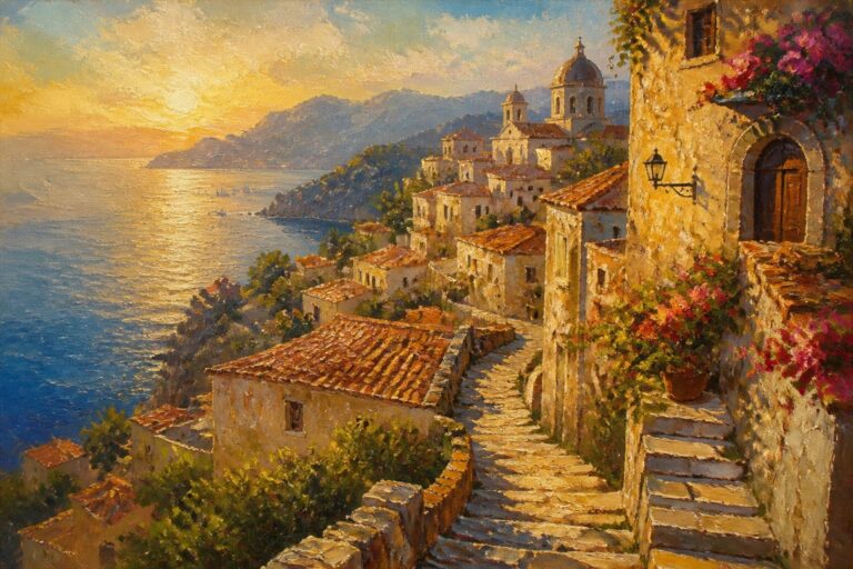 An oil painting of a stone pathway winding through old buildings with terracotta roofs down a hillside overlooking a calm sea at sunset with mountains in the background.