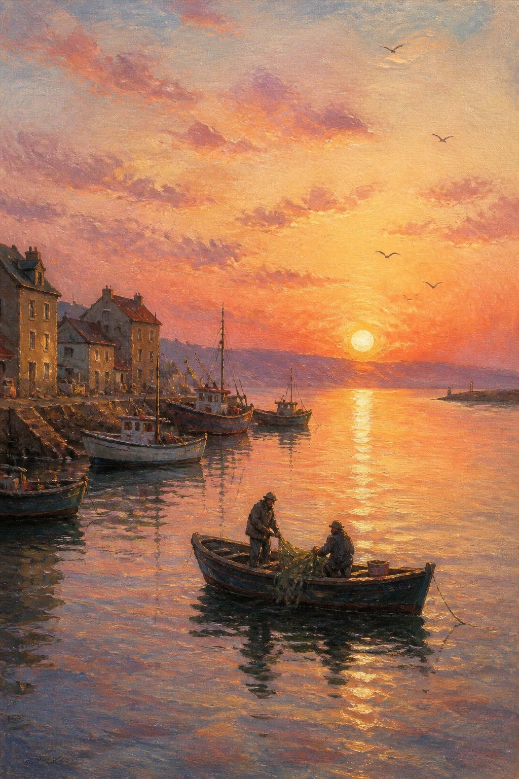 A realistic oil painting of two fishermen in a blue boat pulling nets at sunset in a Mediterranean harbor with other boats and stone buildings along the shore.