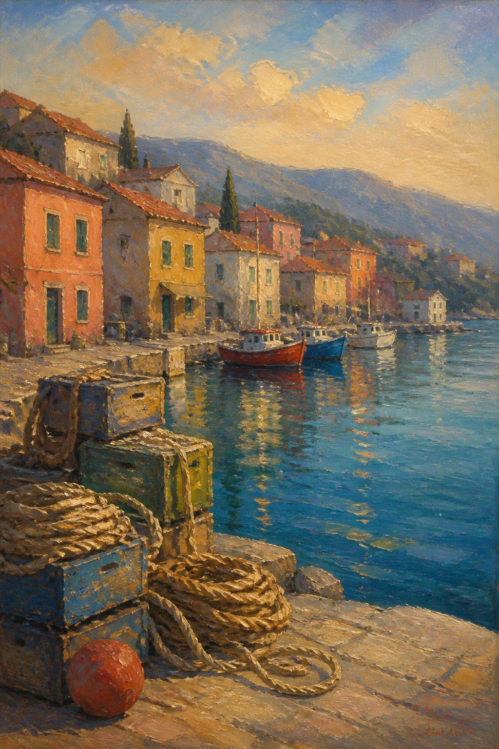 Colorful harbor village with boats, crates, ropes on stone dock at sunset.