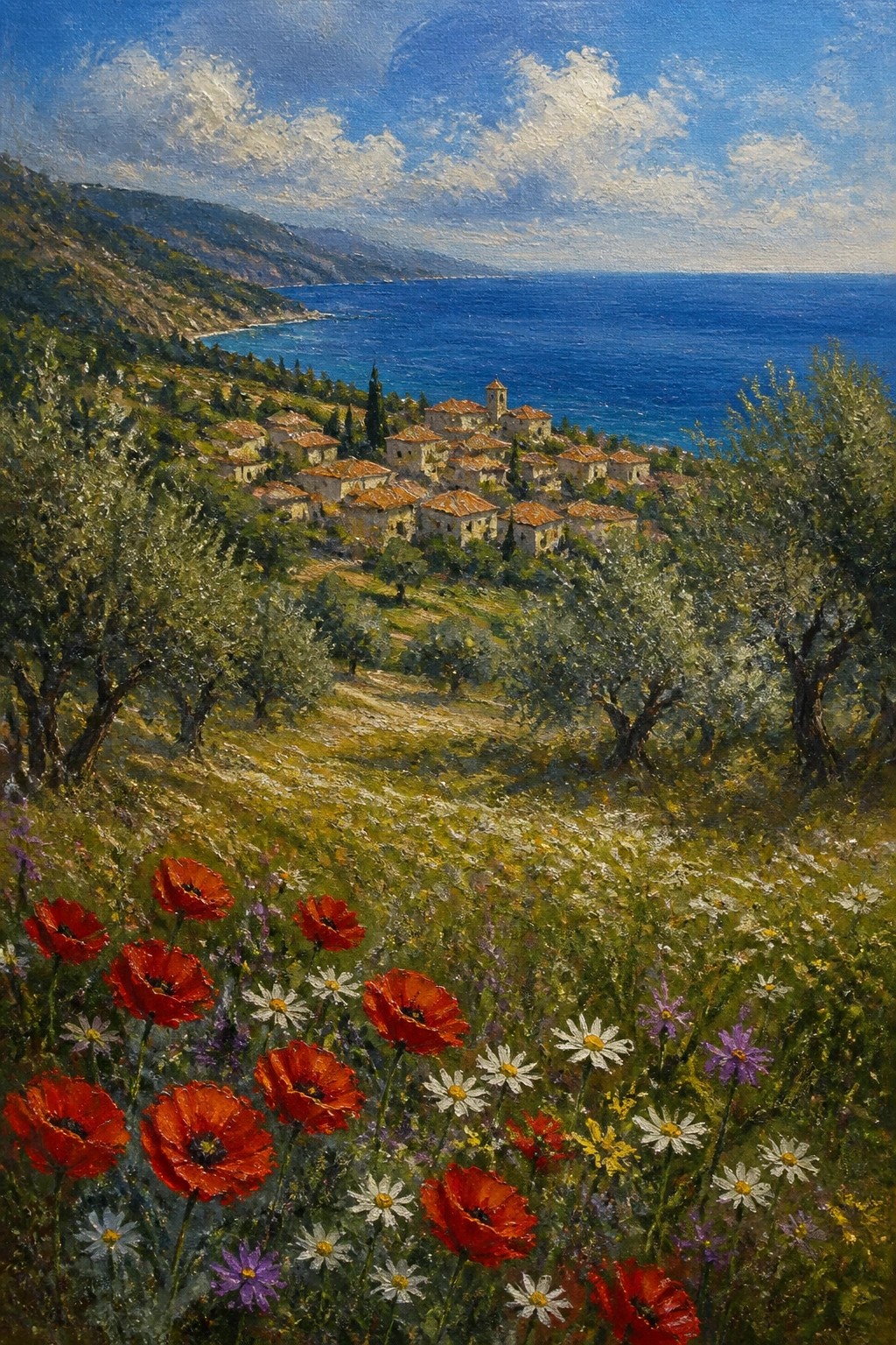 An oil painting of a Mediterranean coastal village with terracotta roofs on a hillside above the sea and red poppies in the foreground.