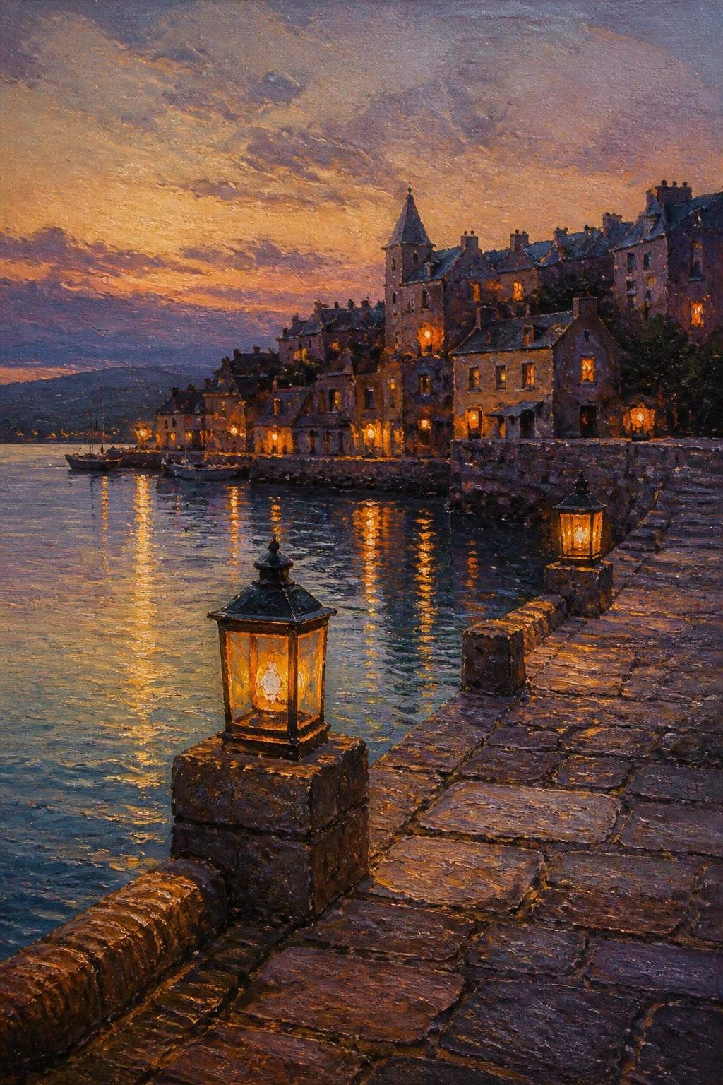 Lantern-lit stone pier overlooks twilight harbor with glowing buildings and reflections