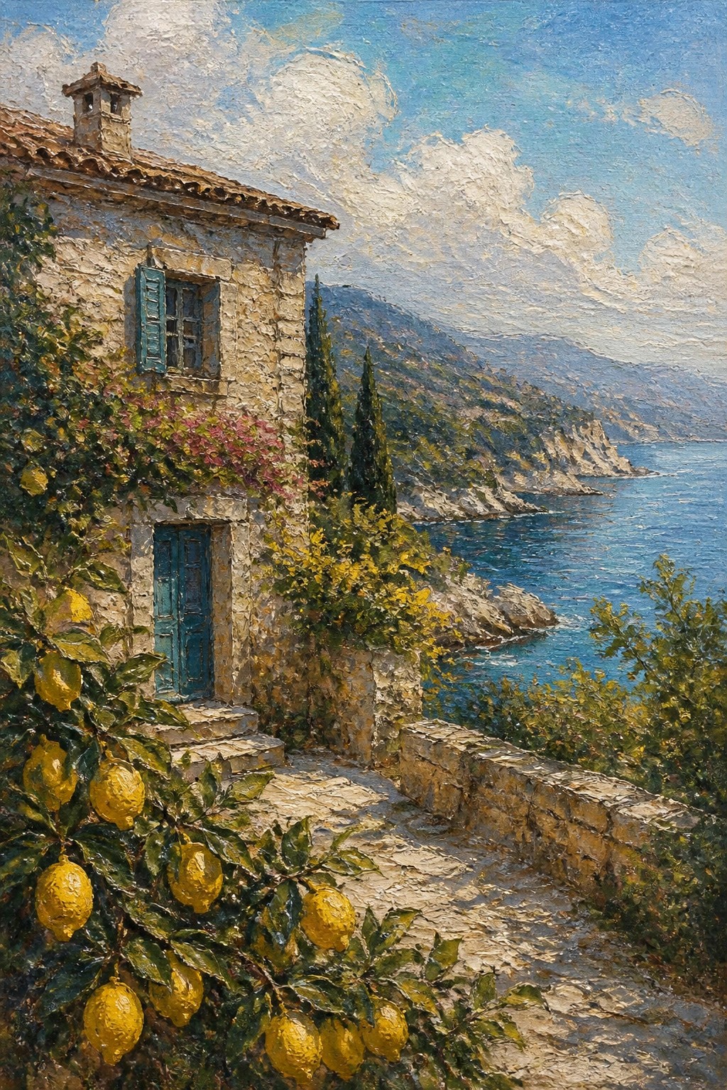 Stone house with blue door, lemon tree, sea and mountains beyond