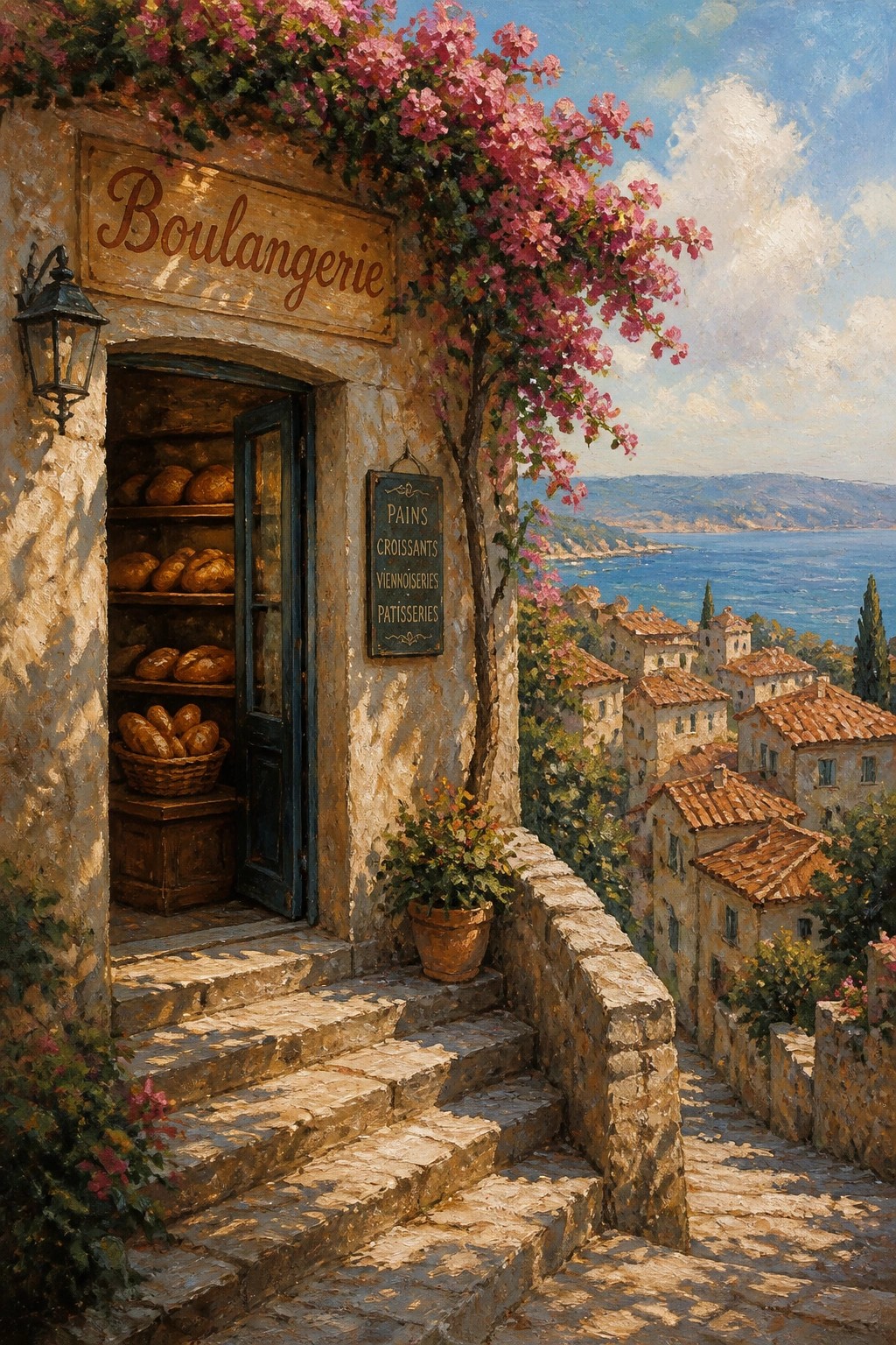 Stone boulangerie with bread shelves, pink flowers, overlooking sunny coastal village by the sea