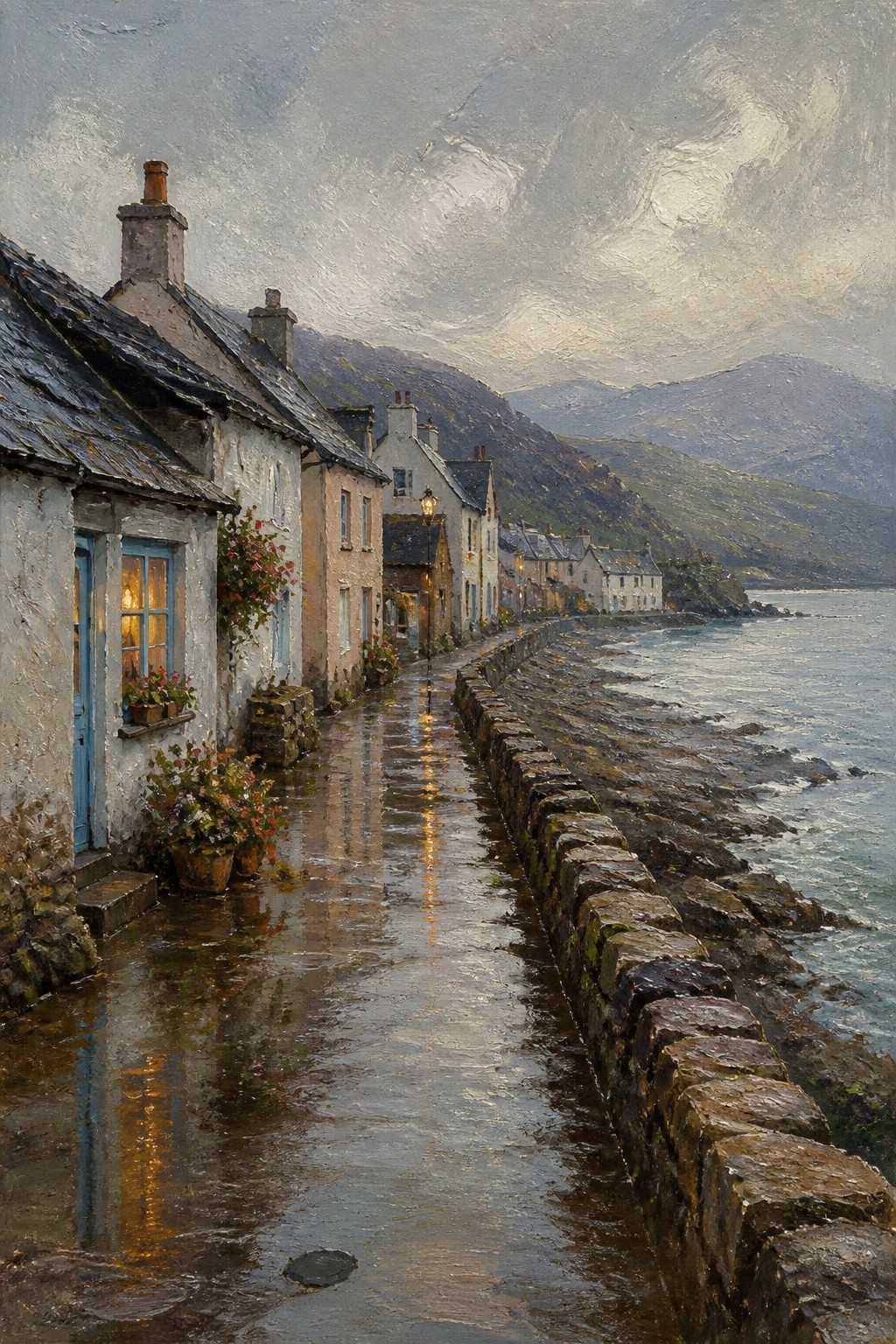 Rain-slicked village lane with glowing cottages beside a misty sea at dusk