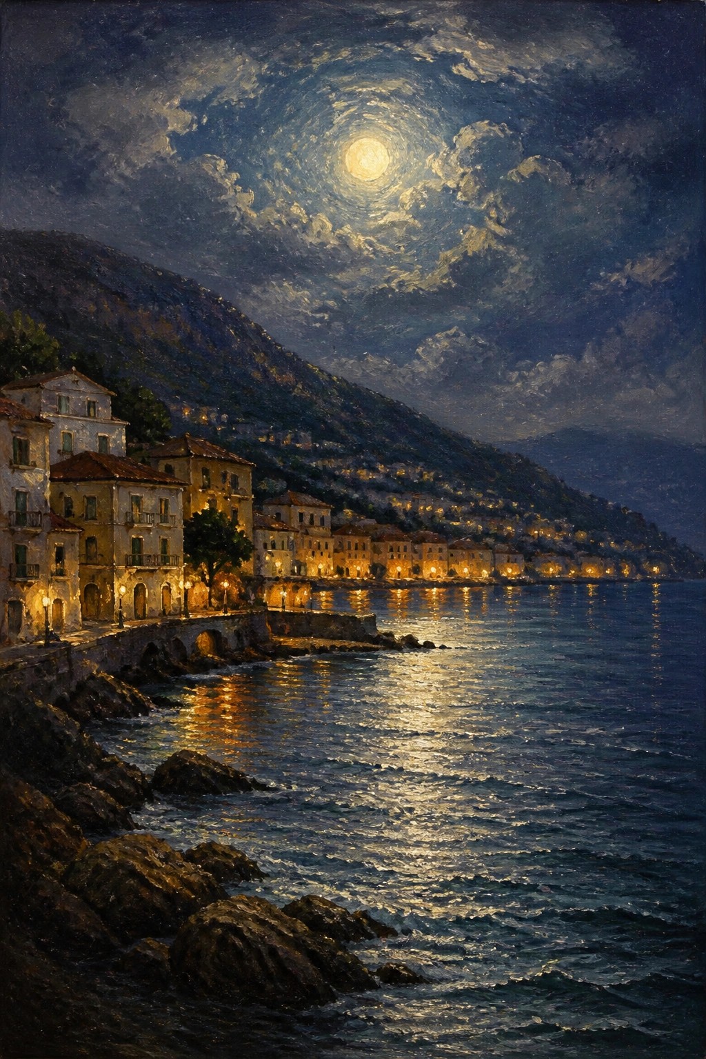 An oil painting of a Mediterranean coastal village at night with buildings lit along the shore, a full moon in the sky, and reflections on the sea.