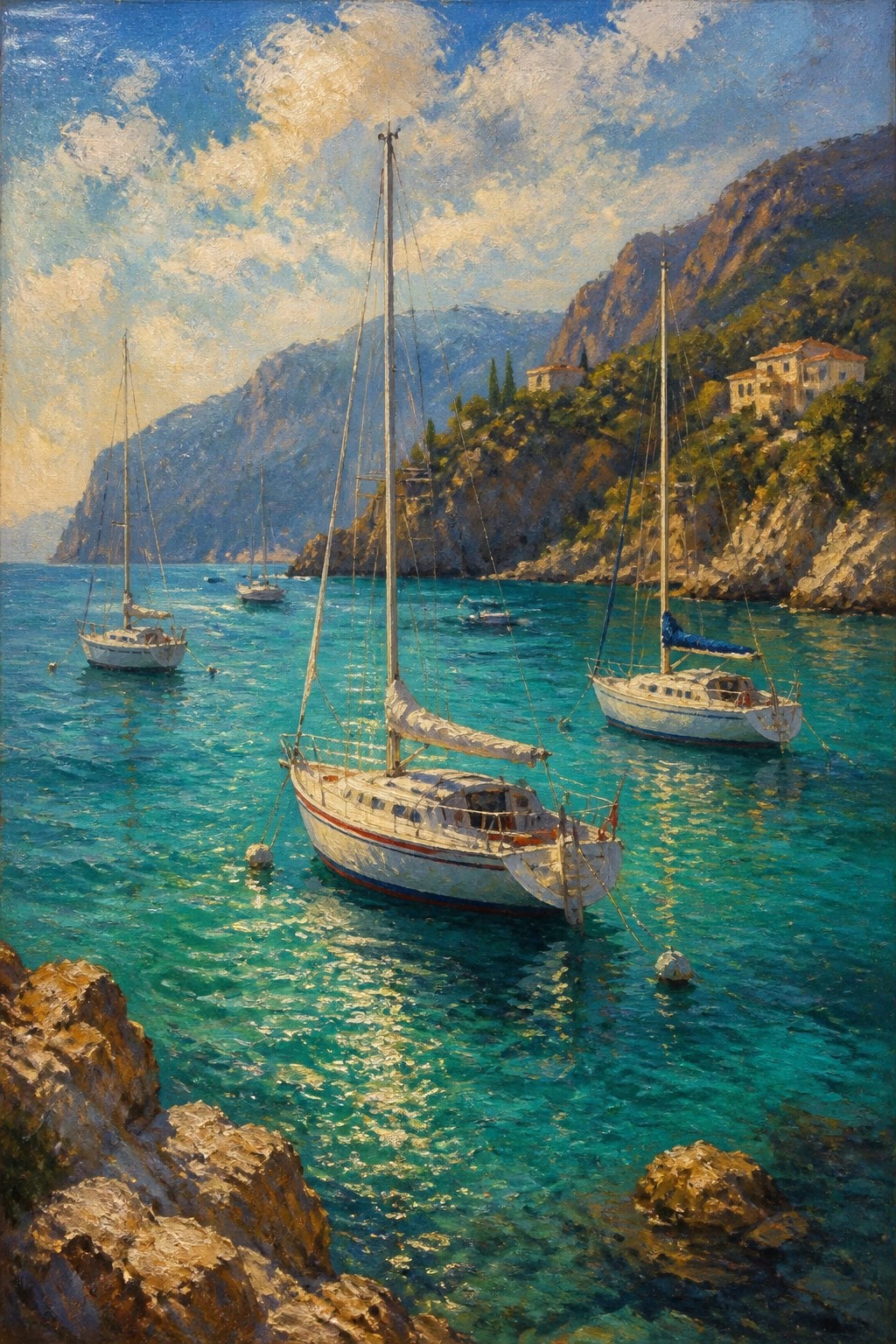 Sailboats anchored in turquoise waters beside rocky green mountains with hillside villas.