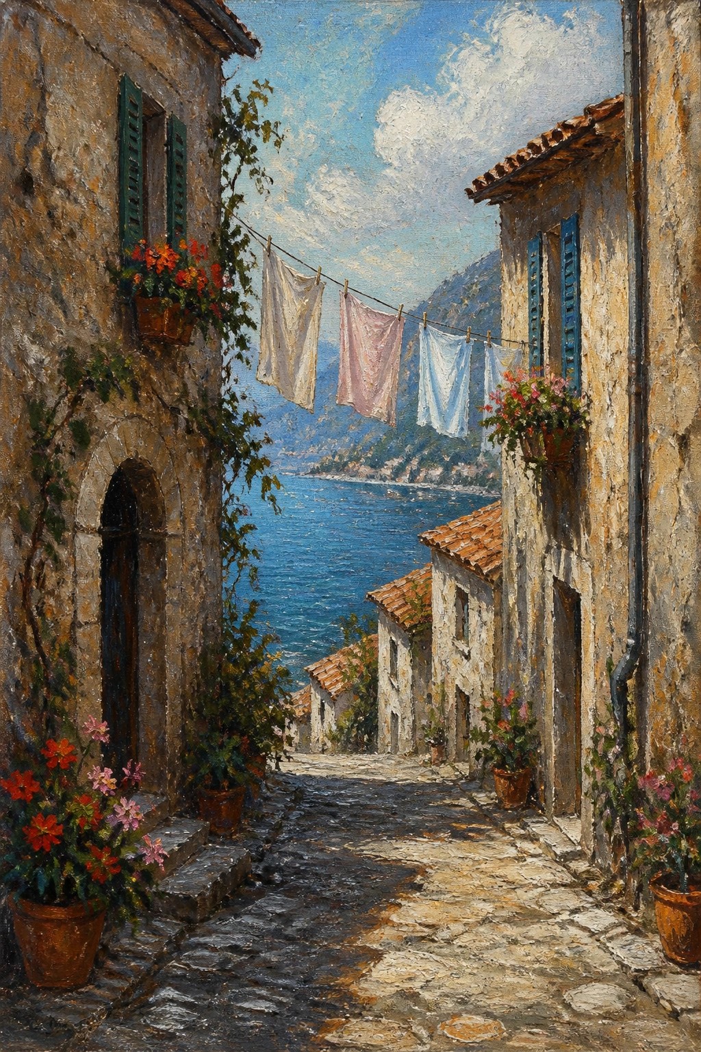 Narrow cobblestone alley with hanging laundry, flower pots, and blue sea view.