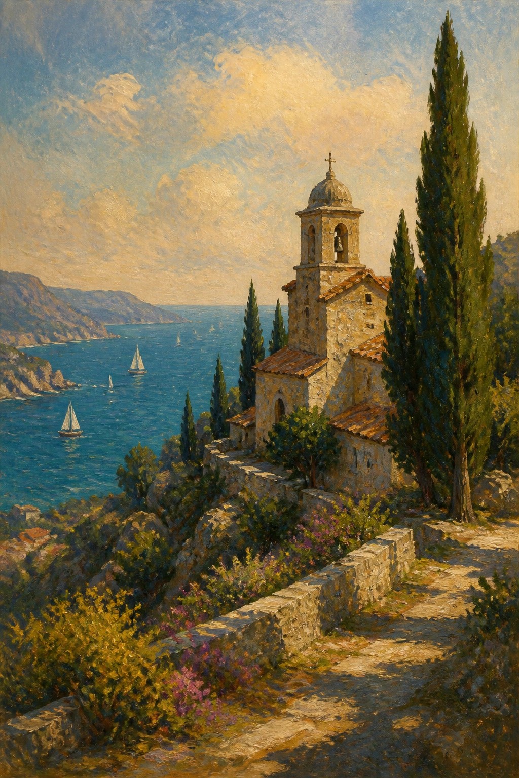 Stone church with bell tower overlooking blue sea, sailboats, and cypress trees