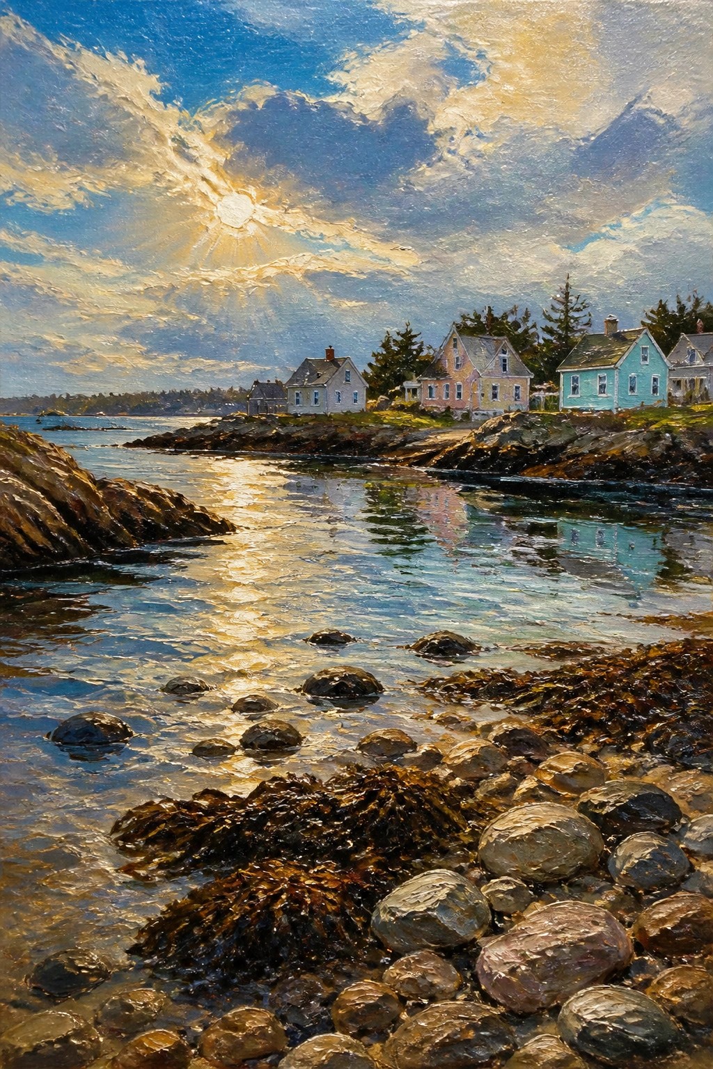 Colorful seaside houses overlook sunlit rocky cove with shimmering water reflections.