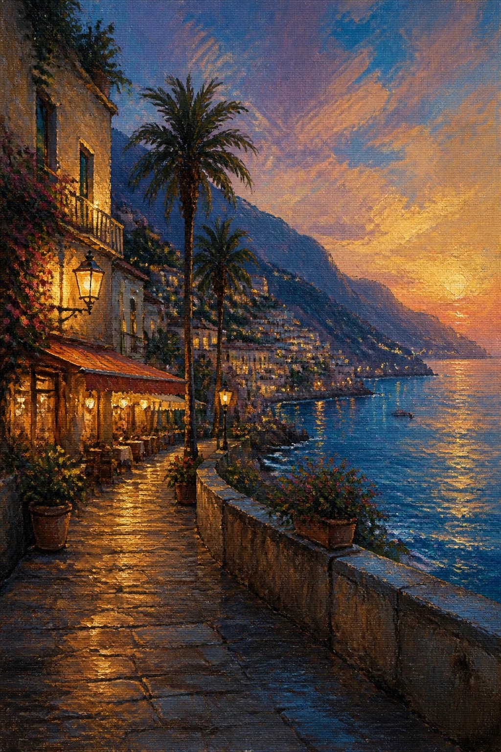 Sunset over coastal village with palm trees, lit promenade, and glowing sea reflections