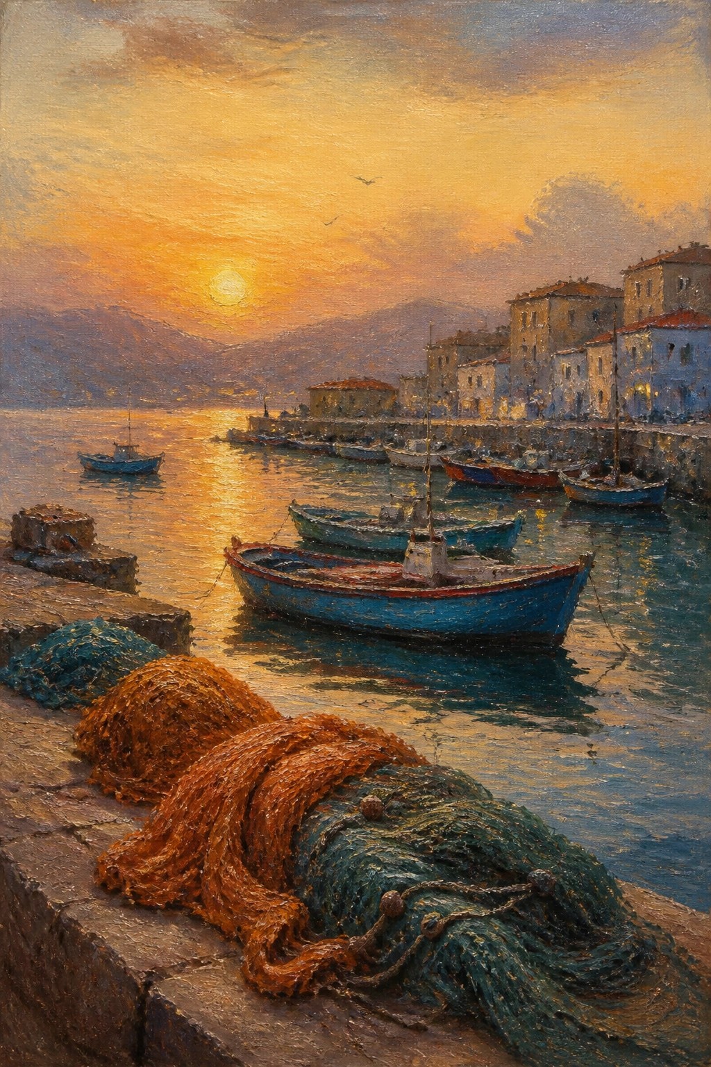 Sunset harbor scene with docked boats, fishing nets on stone pier, and mountains.