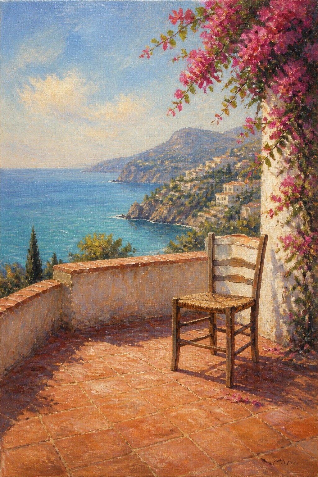 An oil painting of a wooden chair on a tiled terrace with pink flowers on the right, overlooking the sea and coastal hills.