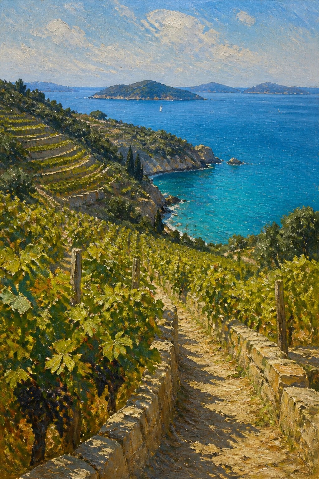 Terraced green vineyards descend via stone path to turquoise sea with islands.