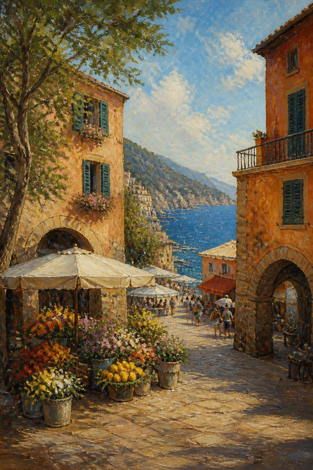 An oil painting of a sunny Mediterranean village street with colorful buildings, flower pots, market umbrellas, people walking, and a view of the sea.