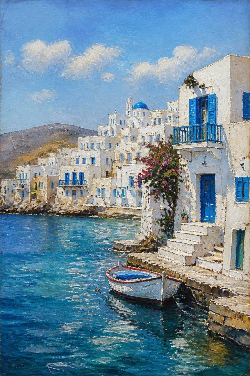 Whitewashed buildings with blue accents overlook a boat on turquoise Mediterranean water.