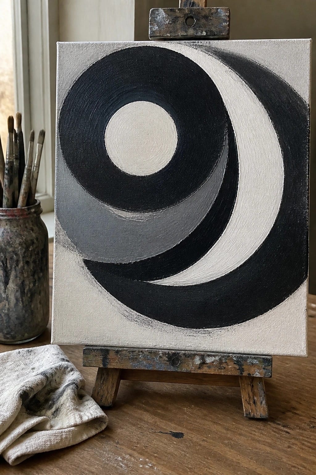 Abstract painting of black, gray, and white concentric circles on easel with brushes nearby