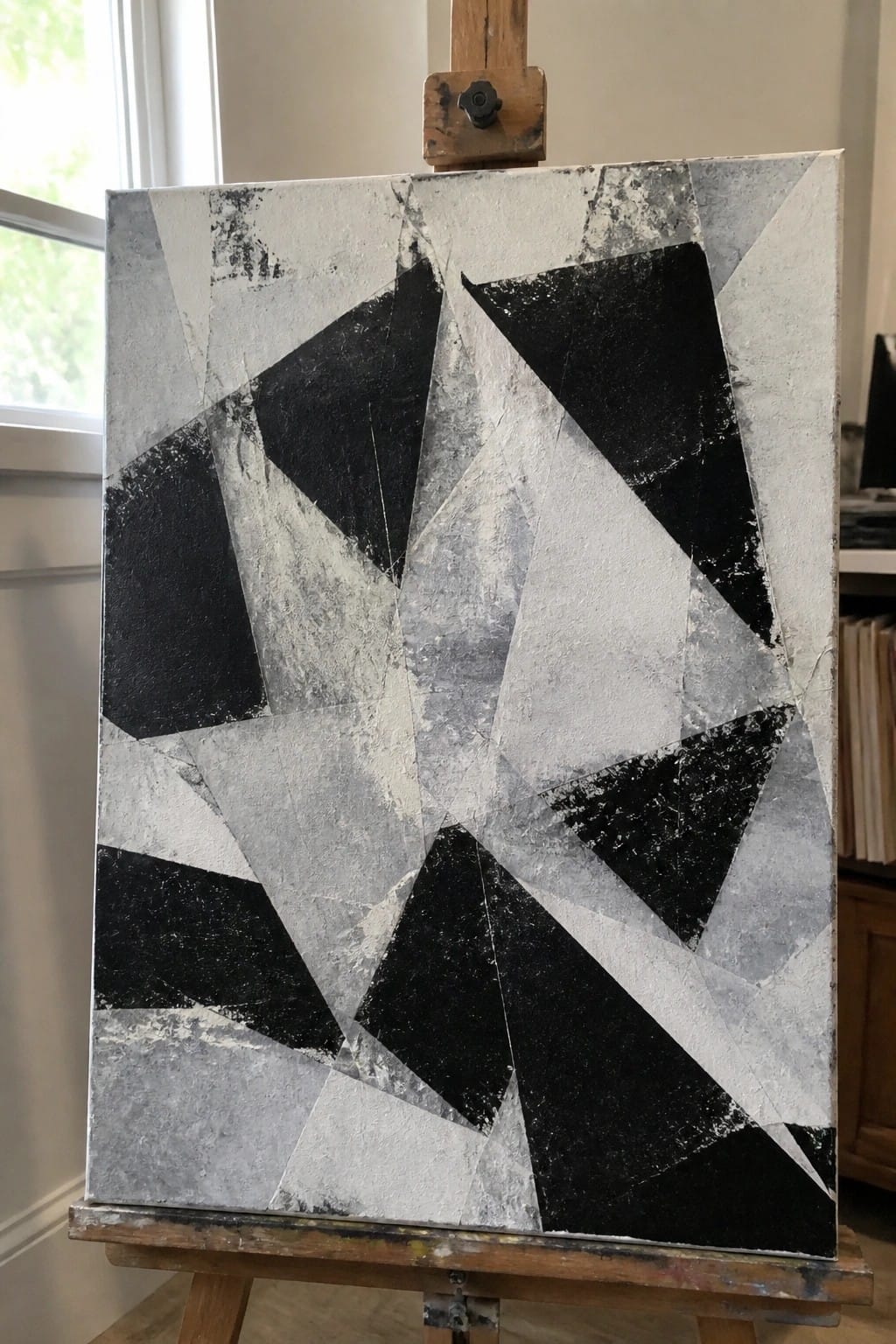 Abstract black, white, and gray geometric painting on wooden easel.