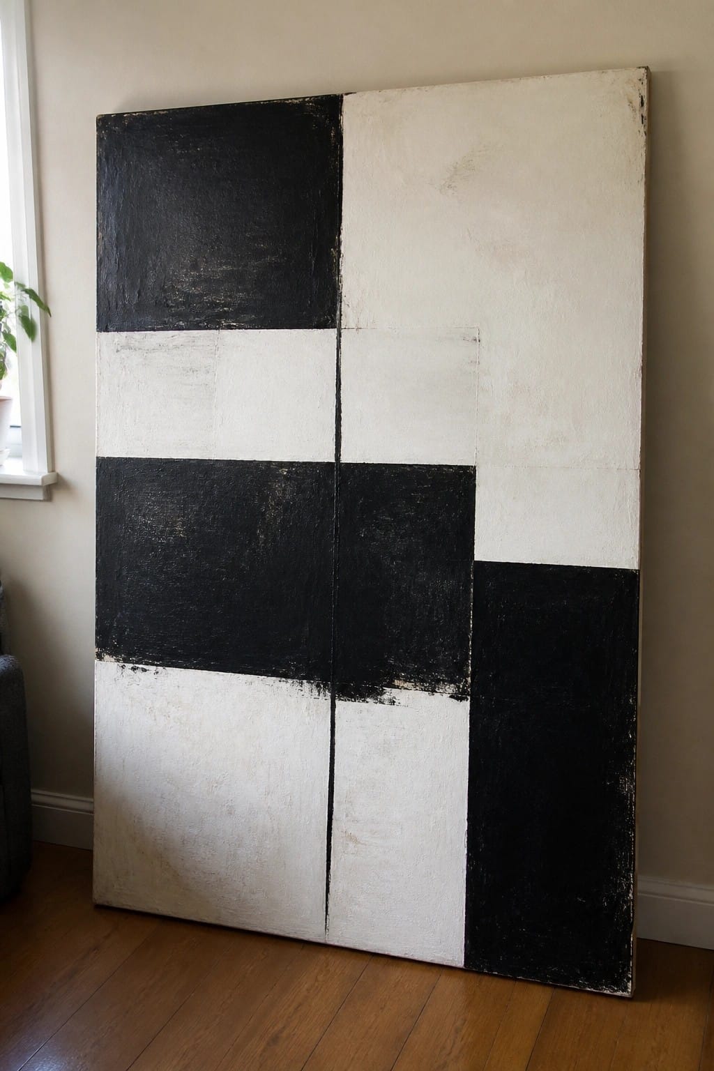 Large abstract black-and-white geometric painting leaning against indoor wall on wooden floor